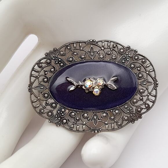 Vintage Catherine Popesco Art Deco Black Enamel AB Rhinestones Brooch - Picture 2 of 9